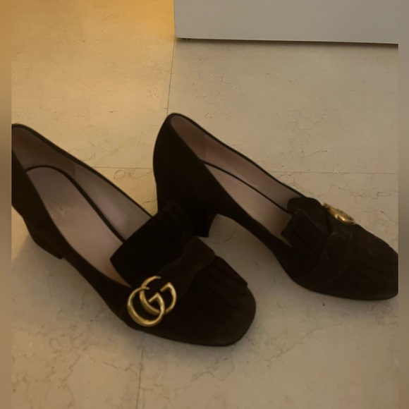 Gucci Malaga Kid GG Marmont Fringe 50mm Loafer Pumps Vintage Bordeaux - Picture 2 of 2